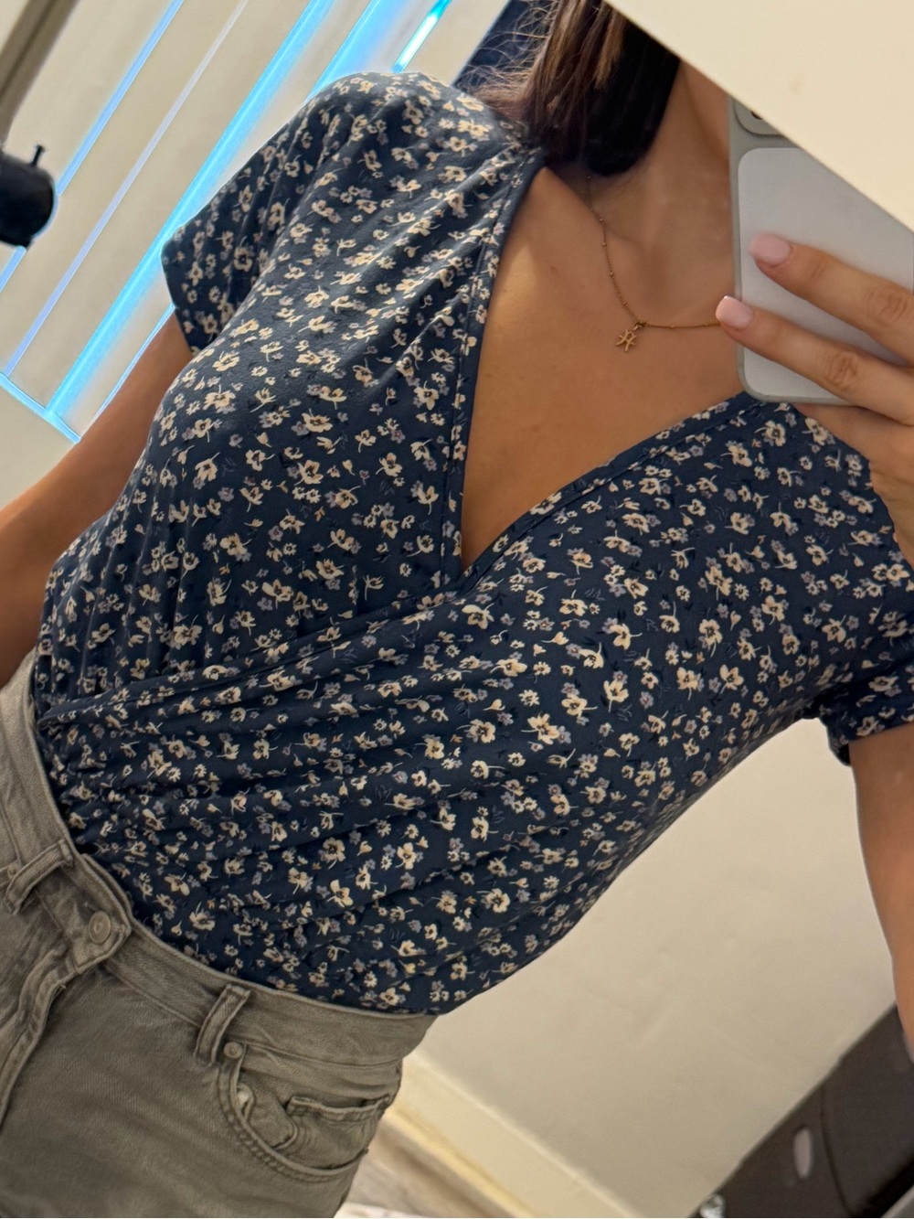 Lulu's Blue Floral Wrap-Front Tie-Hem Bodysuit